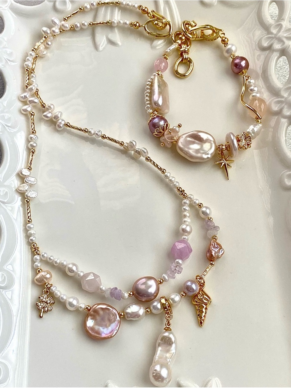 Handmade Freshwater Pearl And Rose Quartz Necklace And Bracelet